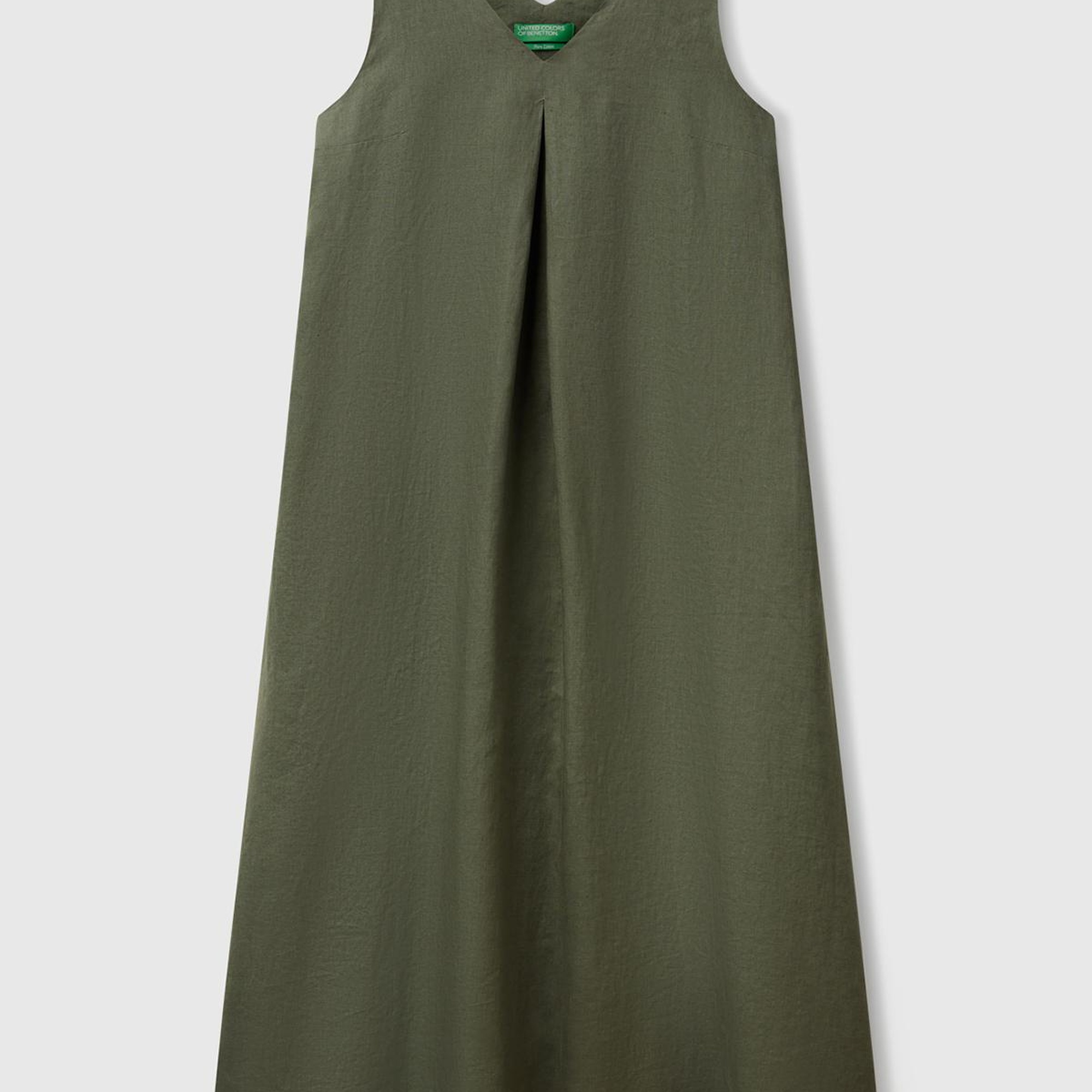 Kadın Haki %100 Keten V Yaka Kolsuz A Kesim Midi Elbise