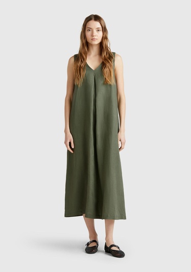  Kadın Haki %100 Keten V Yaka Kolsuz A Kesim Midi Elbise