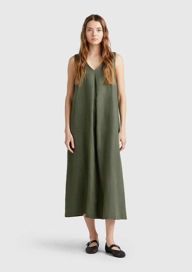  Kadın Haki %100 Keten V Yaka Kolsuz A Kesim Midi Elbise