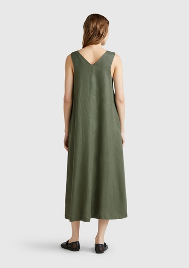  Kadın Haki %100 Keten V Yaka Kolsuz A Kesim Midi Elbise