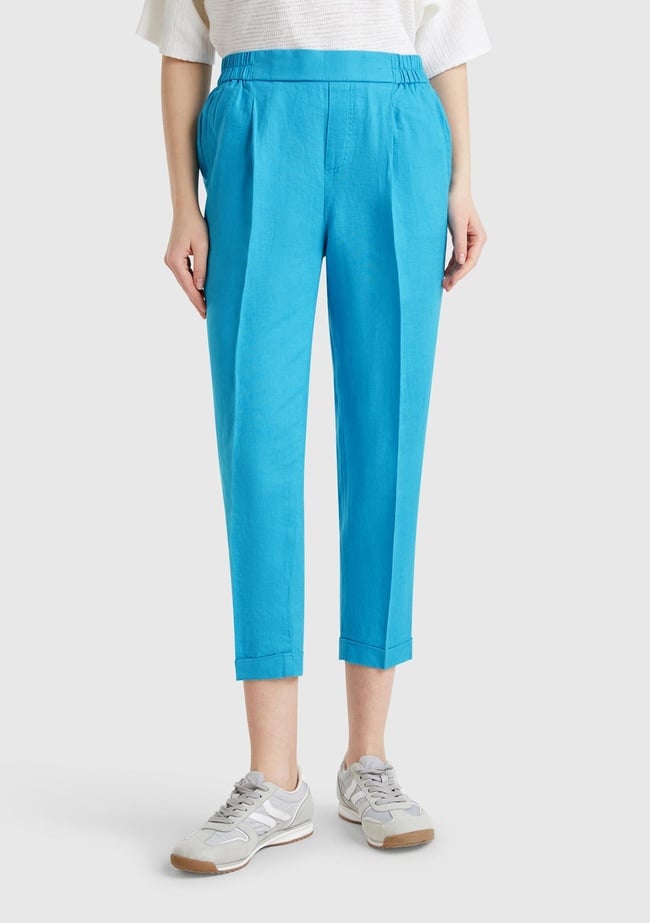  Kadın Mavi %100 Keten Beli Lastikli Pantolon