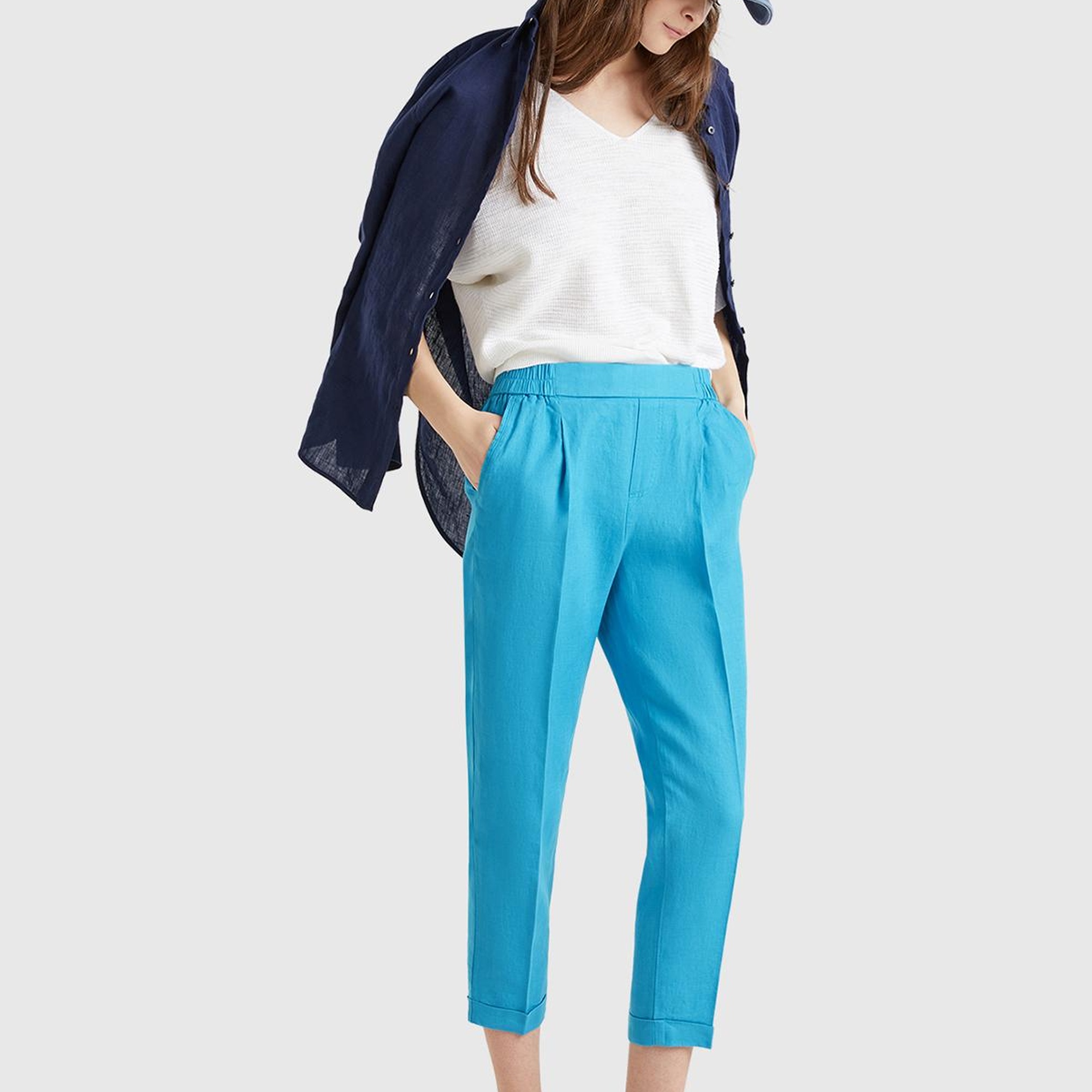 Kadın Mavi %100 Keten Beli Lastikli Pantolon