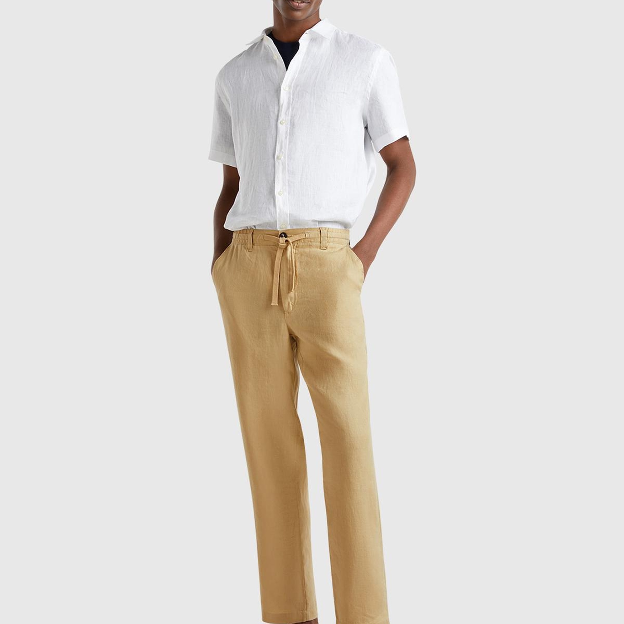 Erkek Bej %100 Keten Beli İpli Pantolon