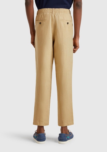  Erkek Bej %100 Keten Beli İpli Pantolon