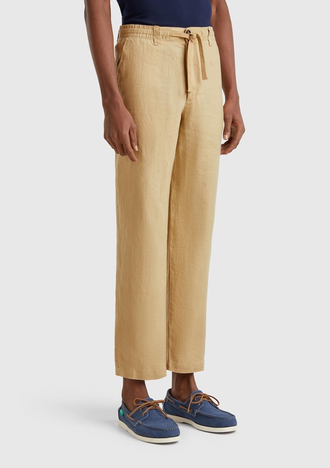  Erkek Bej %100 Keten Beli İpli Pantolon