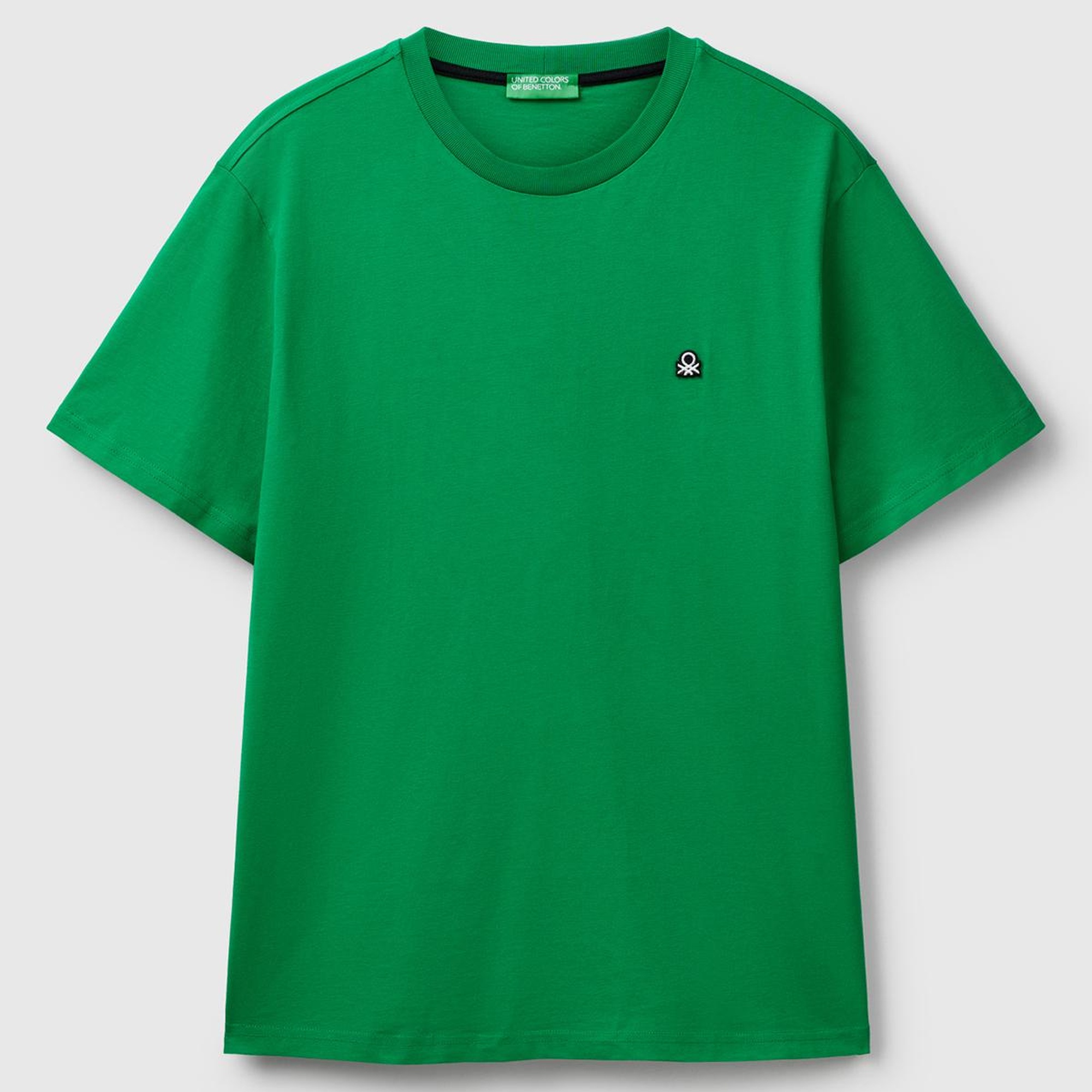 Erkek Yeşil %100 Koton Benetton Logolu Bisiklet Yaka T-Shirt