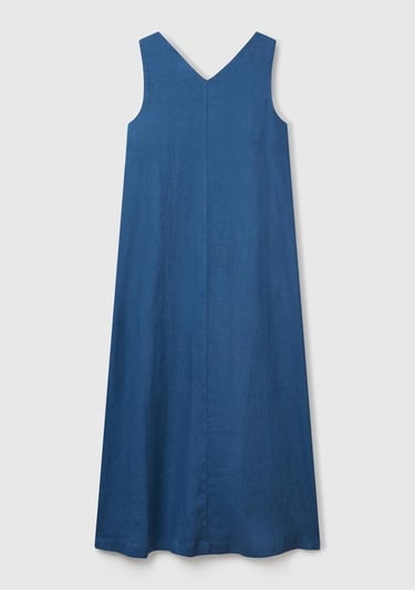  Kadın Denim %100 Keten V Yaka Kolsuz A Kesim Midi Elbise