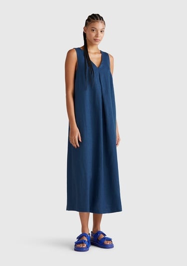  Kadın Denim %100 Keten V Yaka Kolsuz A Kesim Midi Elbise