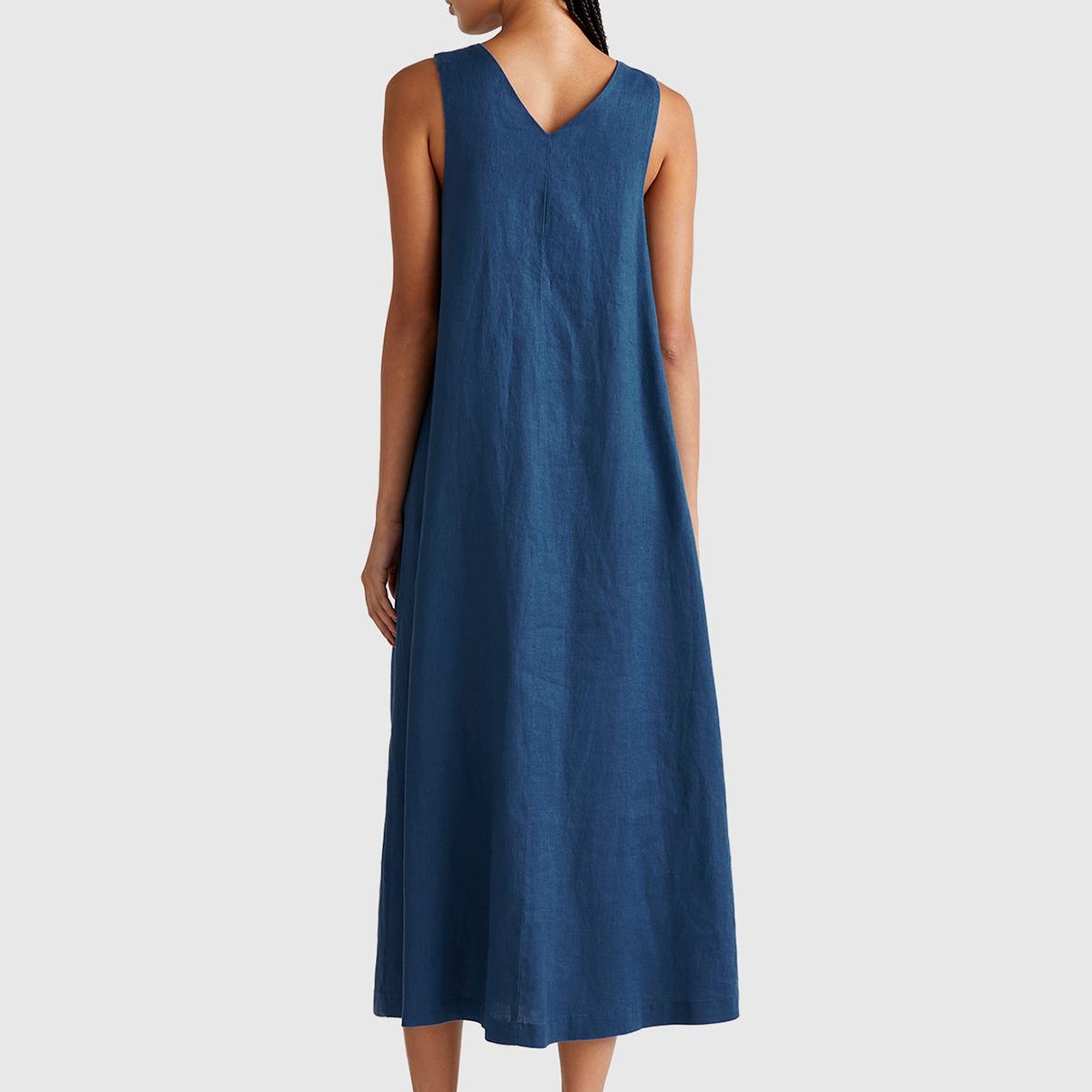 Kadın Denim %100 Keten V Yaka Kolsuz A Kesim Midi Elbise