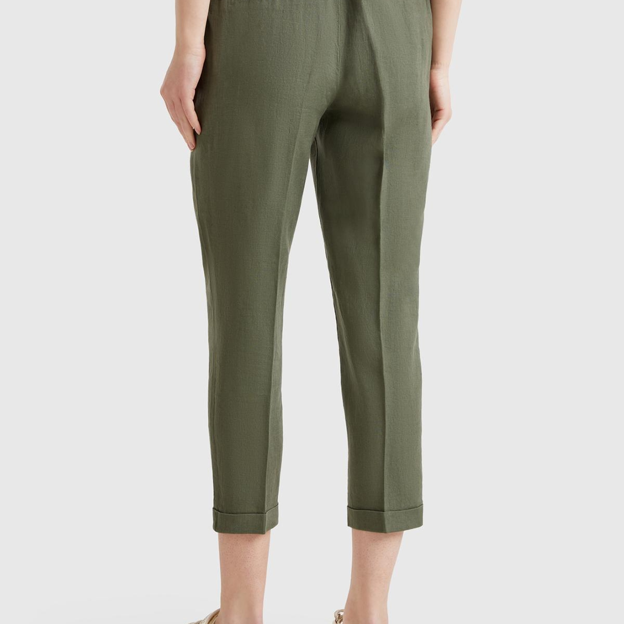 Kadın Haki %100 Keten Beli Lastikli Pantolon