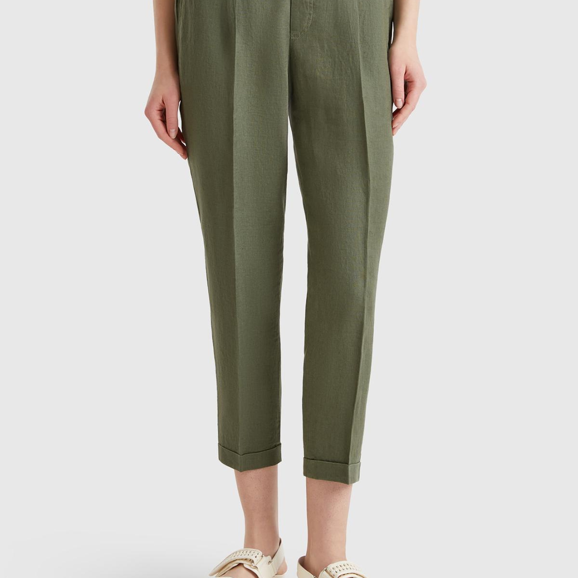 Kadın Haki %100 Keten Beli Lastikli Pantolon