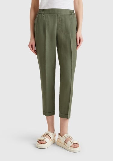  Kadın Haki %100 Keten Beli Lastikli Pantolon