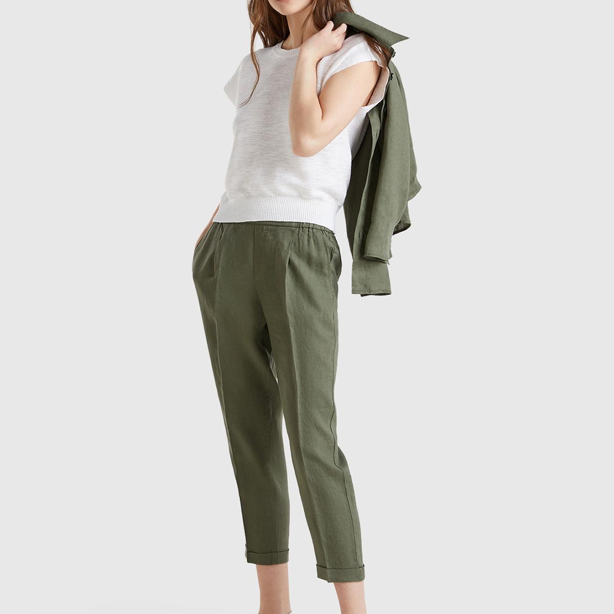 Kadın Haki %100 Keten Beli Lastikli Pantolon