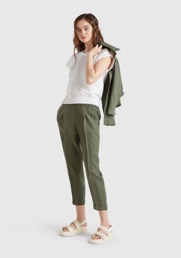  Kadın Haki %100 Keten Beli Lastikli Pantolon