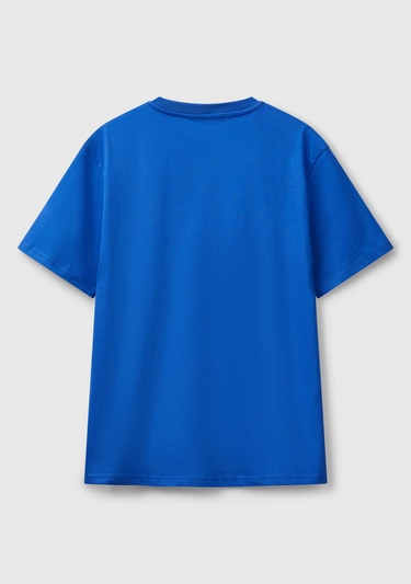  Erkek Saks Mavi %100 Koton Benetton Logolu Bisiklet Yaka T-Shirt