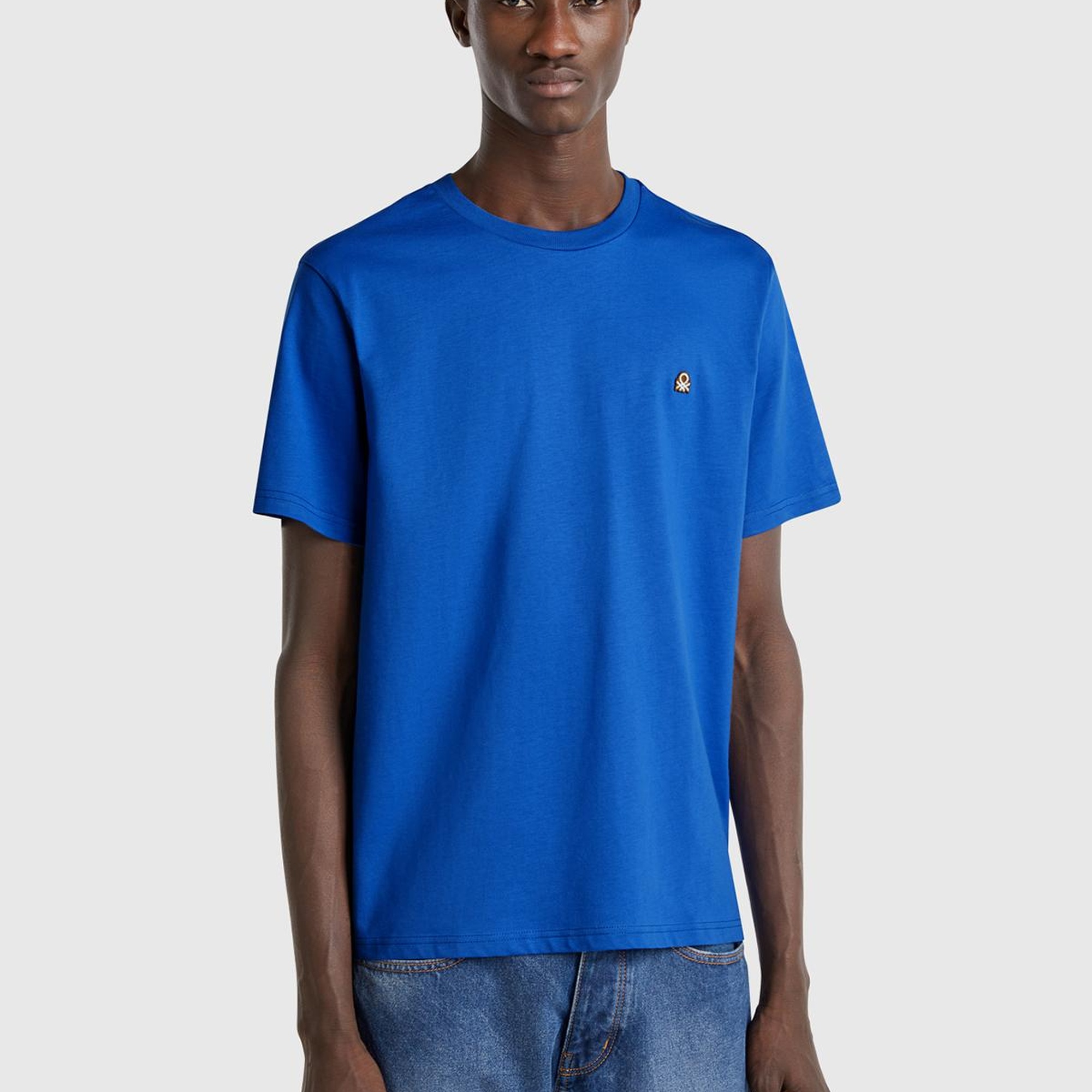 Erkek Saks Mavi %100 Koton Benetton Logolu Bisiklet Yaka T-Shirt