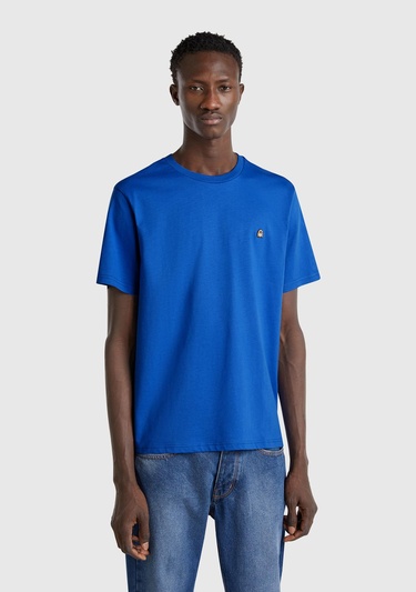  Erkek Saks Mavi %100 Koton Benetton Logolu Bisiklet Yaka T-Shirt