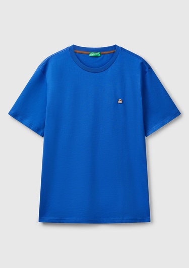  Erkek Saks Mavi %100 Koton Benetton Logolu Bisiklet Yaka T-Shirt