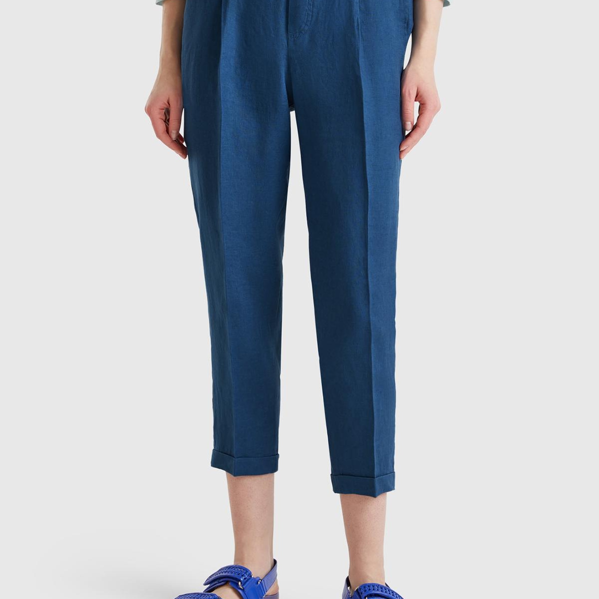 Kadın Denim %100 Keten Beli Lastikli Pantolon