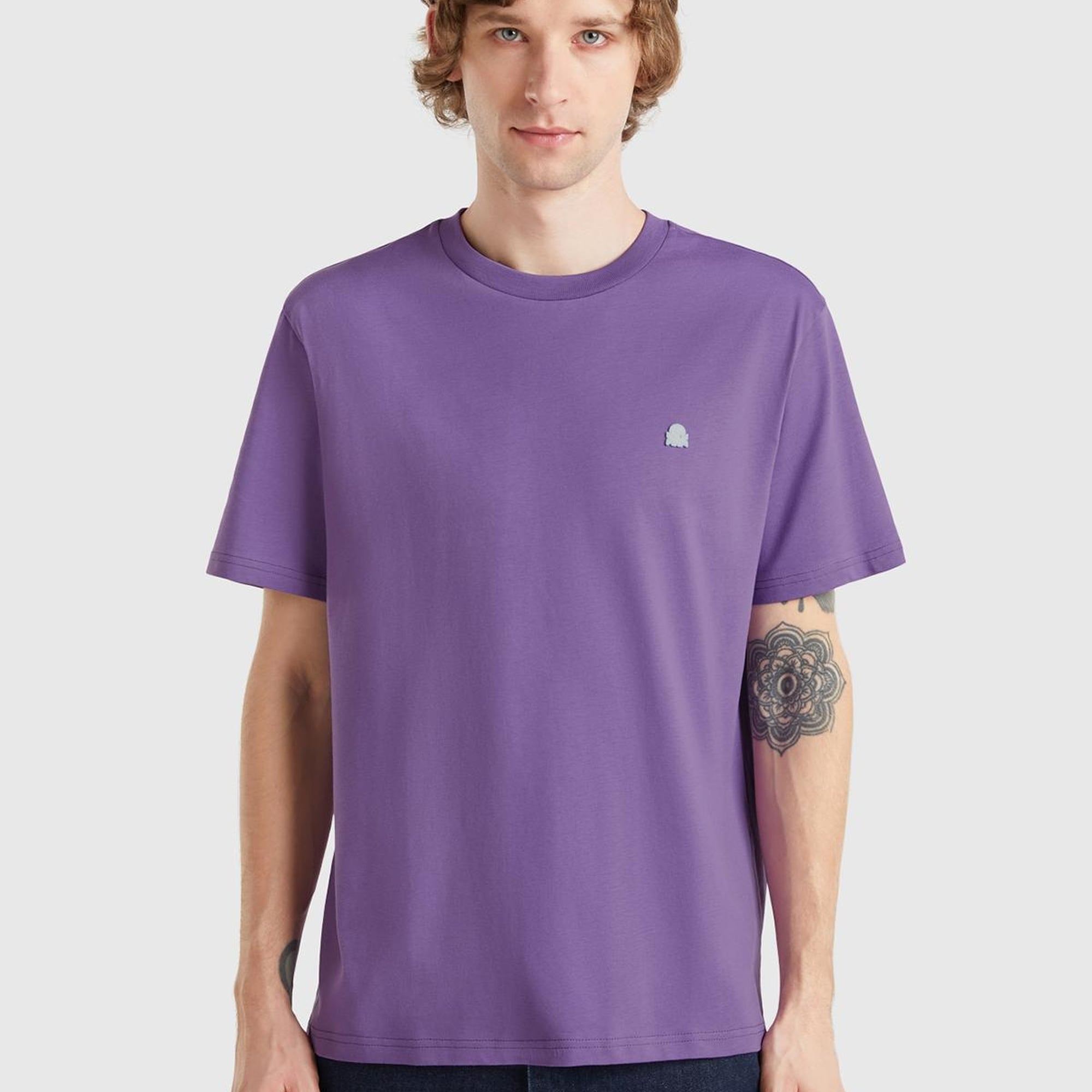 Erkek Mor %100 Koton Benetton Logolu Bisiklet Yaka T-Shirt