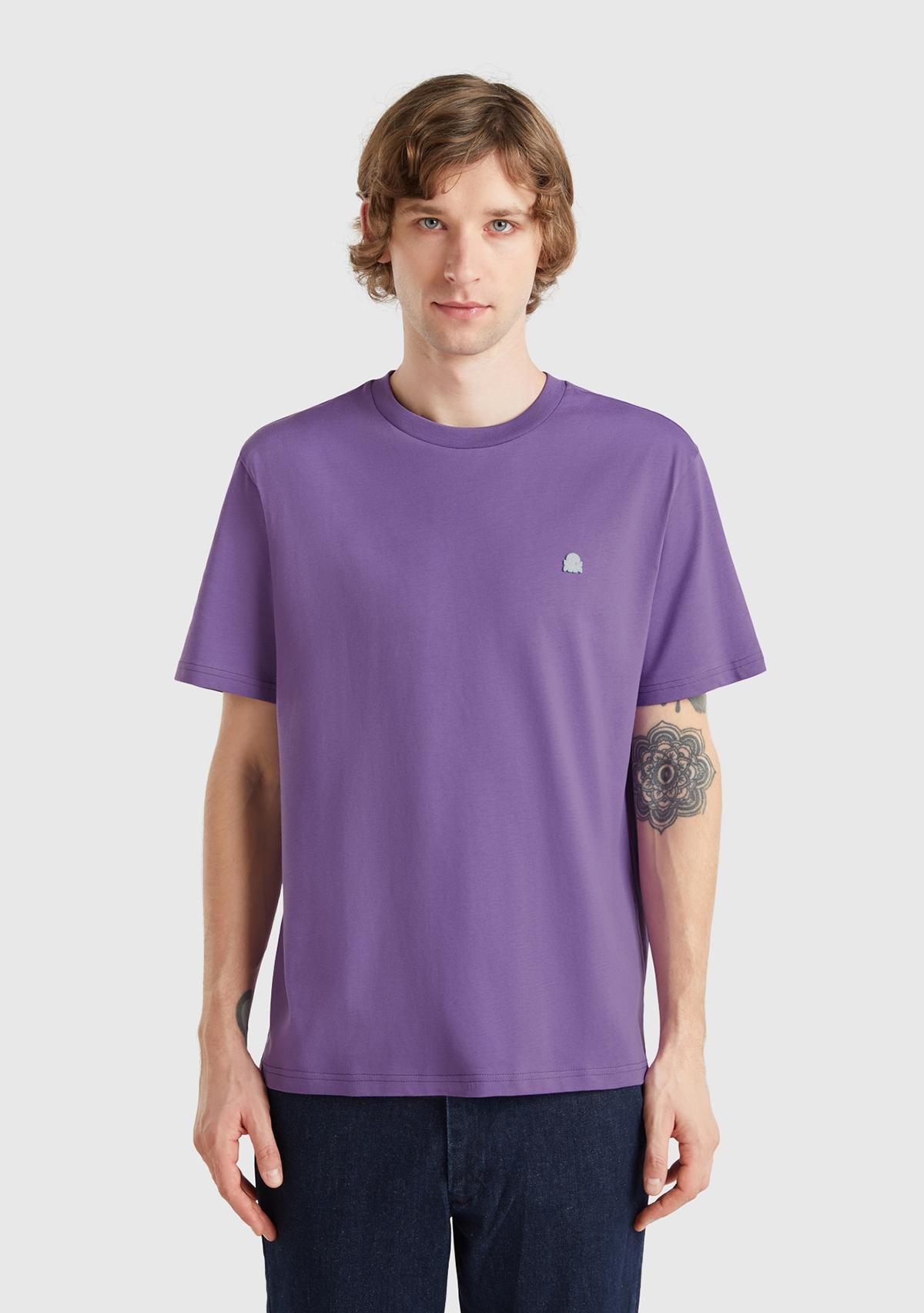  Erkek Mor %100 Koton Benetton Logolu Bisiklet Yaka T-Shirt