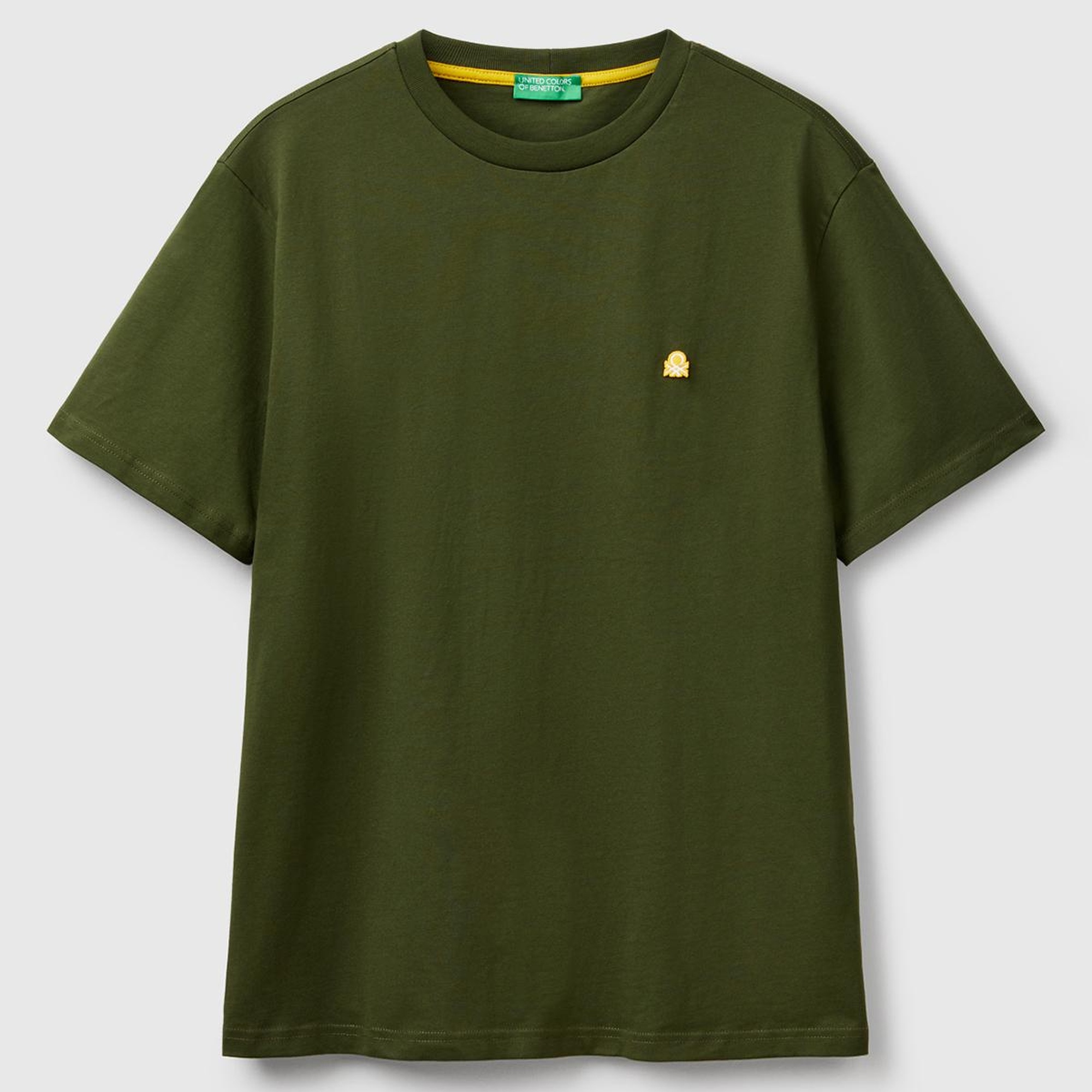 Erkek Haki %100 Koton Benetton Logolu Bisiklet Yaka T-Shirt