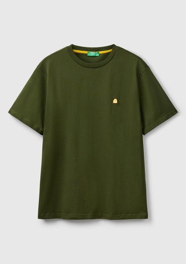  Erkek Haki %100 Koton Benetton Logolu Bisiklet Yaka T-Shirt