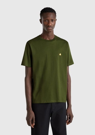  Erkek Haki %100 Koton Benetton Logolu Bisiklet Yaka T-Shirt