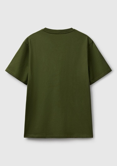  Erkek Haki %100 Koton Benetton Logolu Bisiklet Yaka T-Shirt