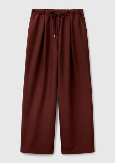  Kadın Kahverengi Liyosel Karışımlı Beli Lastikli Geniş Paça Pantolon