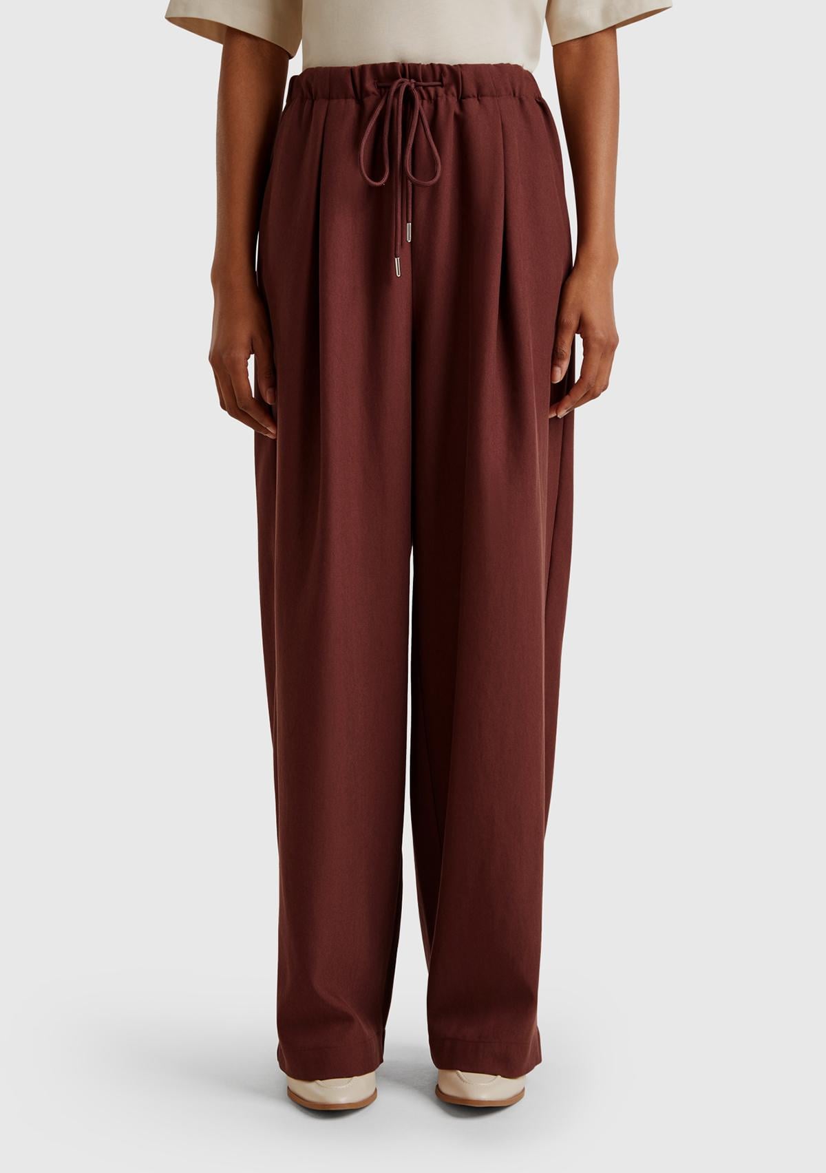  Kadın Kahverengi Liyosel Karışımlı Beli Lastikli Geniş Paça Pantolon