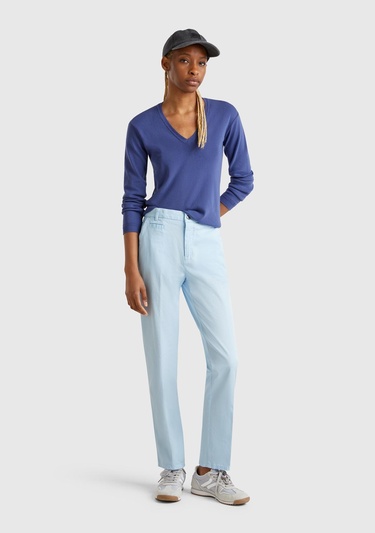  Kadın Açık Mavi Elastanlı Basic Chino Pantolon