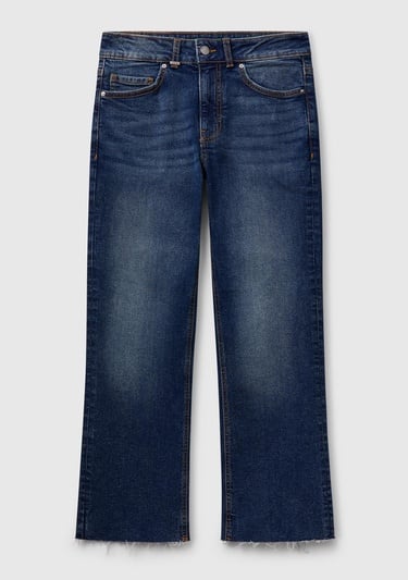  Kadın Koyu Mavi Streç Pamuklu Paçası Kesik Geniş Paça Denim Pantolon