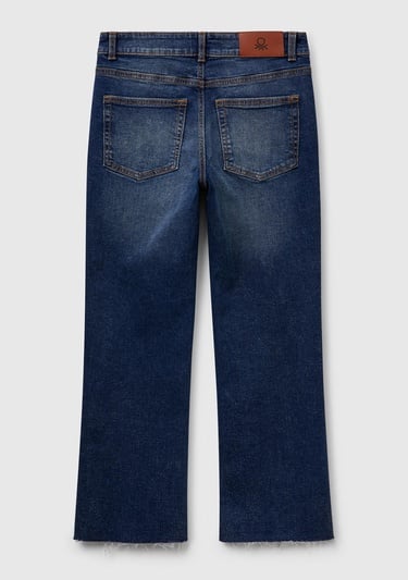  Kadın Koyu Mavi Streç Pamuklu Paçası Kesik Geniş Paça Denim Pantolon