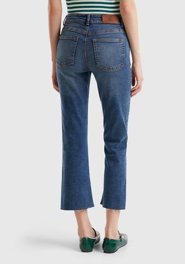  Kadın Koyu Mavi Streç Pamuklu Paçası Kesik Geniş Paça Denim Pantolon