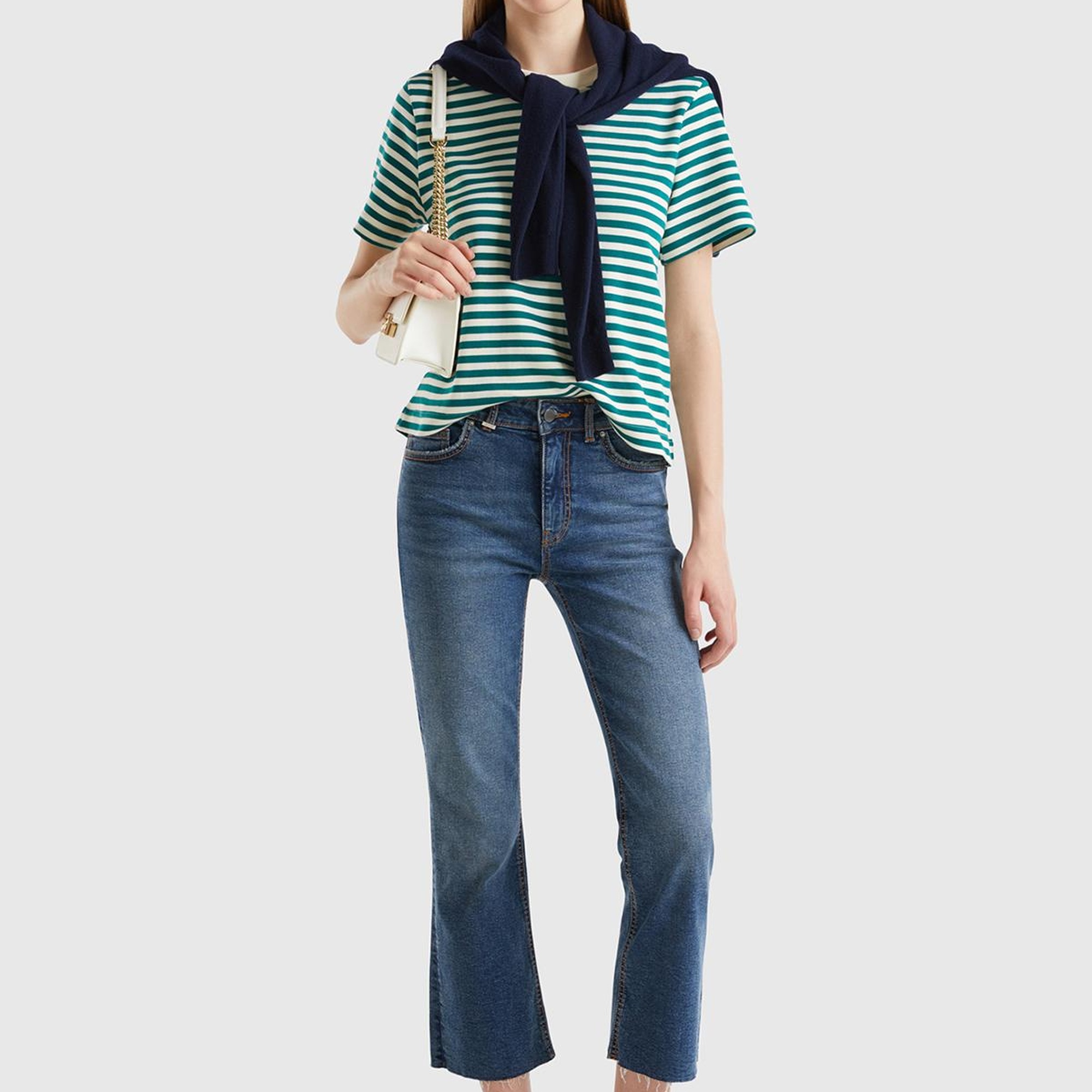 Kadın Koyu Mavi Streç Pamuklu Paçası Kesik Geniş Paça Denim Pantolon