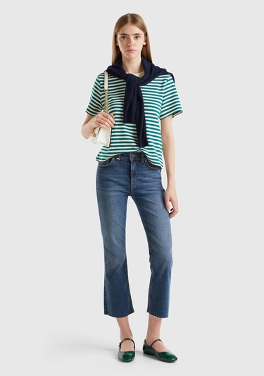  Kadın Koyu Mavi Streç Pamuklu Paçası Kesik Geniş Paça Denim Pantolon