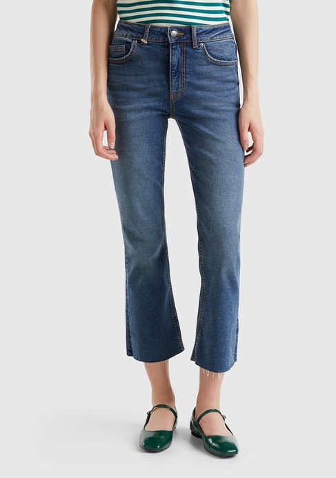  Kadın Koyu Mavi Streç Pamuklu Paçası Kesik Geniş Paça Denim Pantolon