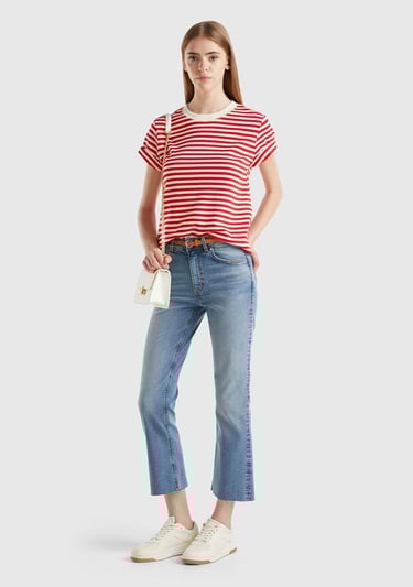  Kadın Açık Mavi Streç Pamuklu Paçası Kesik Geniş Paça Denim Pantolon