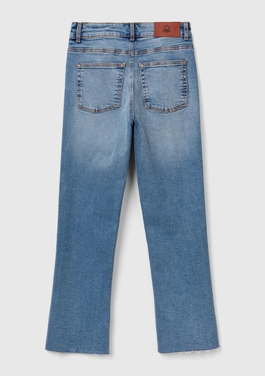  Kadın Açık Mavi Streç Pamuklu Paçası Kesik Geniş Paça Denim Pantolon