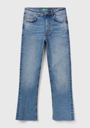  Kadın Açık Mavi Streç Pamuklu Paçası Kesik Geniş Paça Denim Pantolon