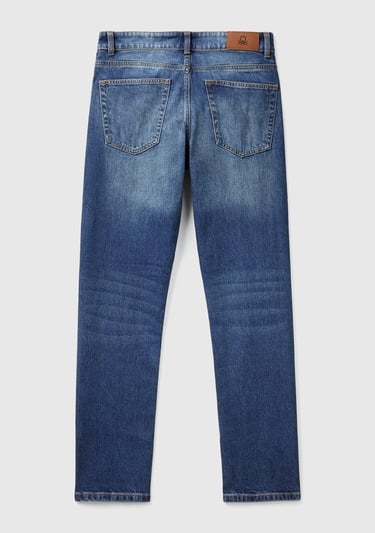  Erkek Koyu Mavi Pamuk Karışımlı Arkası Logo Etiketli Cepli Slim Fit Denim Pantolon