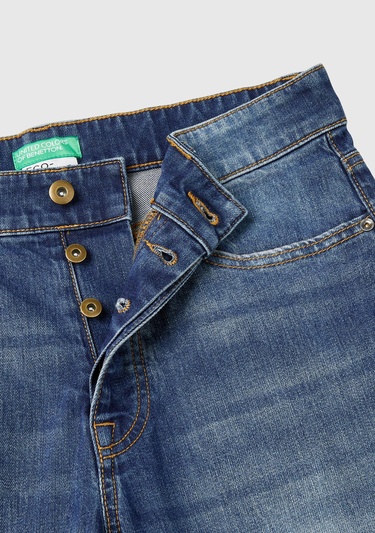  Erkek Koyu Mavi Pamuk Karışımlı Arkası Logo Etiketli Cepli Slim Fit Denim Pantolon