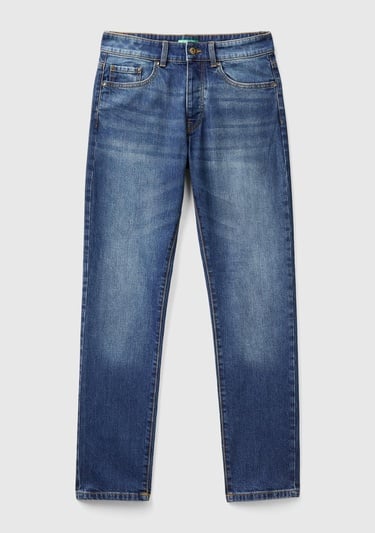  Erkek Koyu Mavi Pamuk Karışımlı Arkası Logo Etiketli Cepli Slim Fit Denim Pantolon