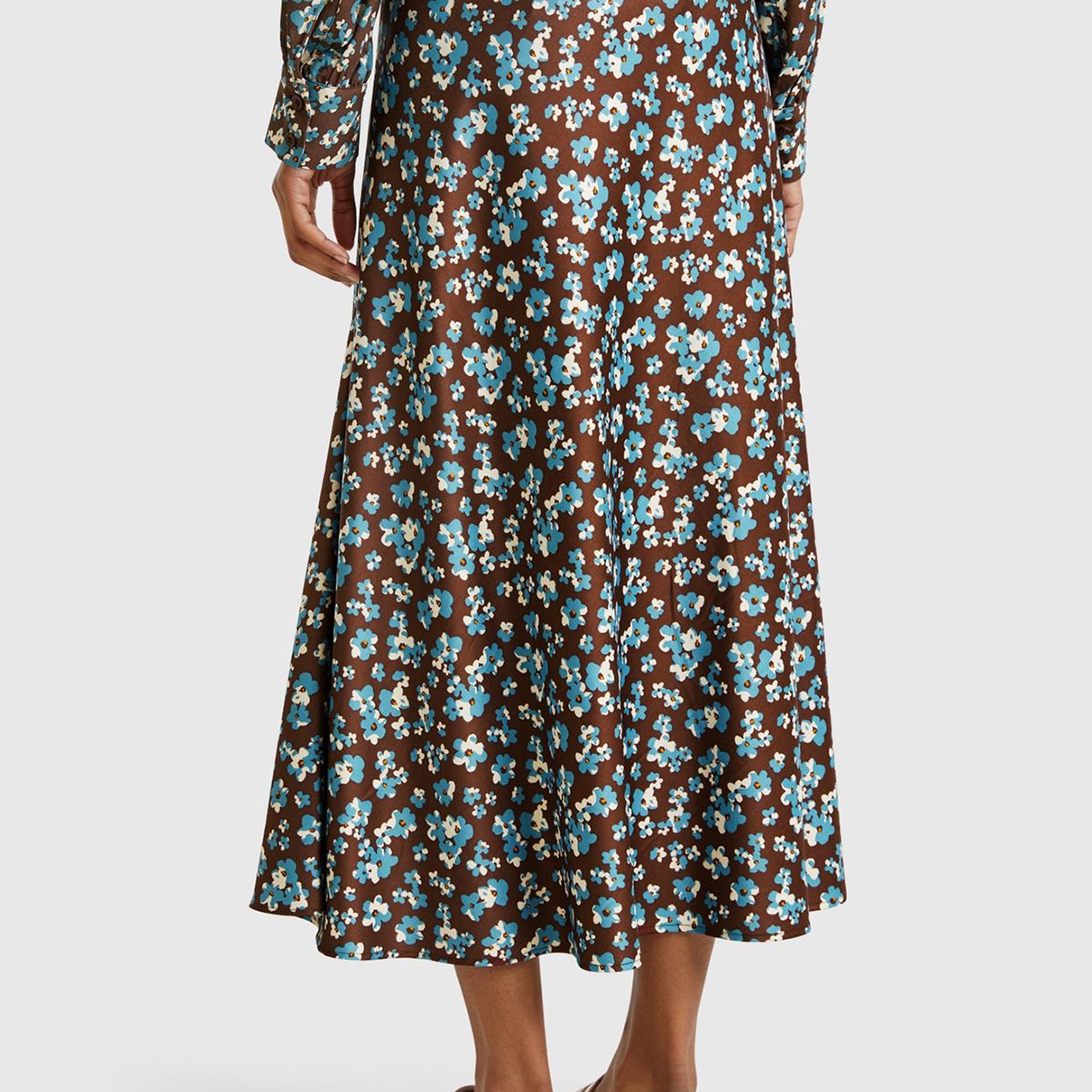 Kadın Kahverengi Viskoz Karışımlı Desenli Uzun Etek