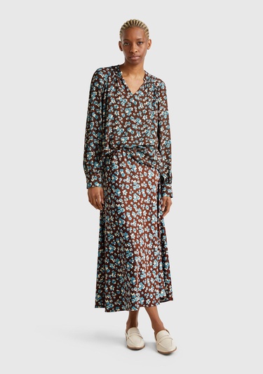  Kadın Kahverengi Viskoz Karışımlı Desenli Uzun Etek