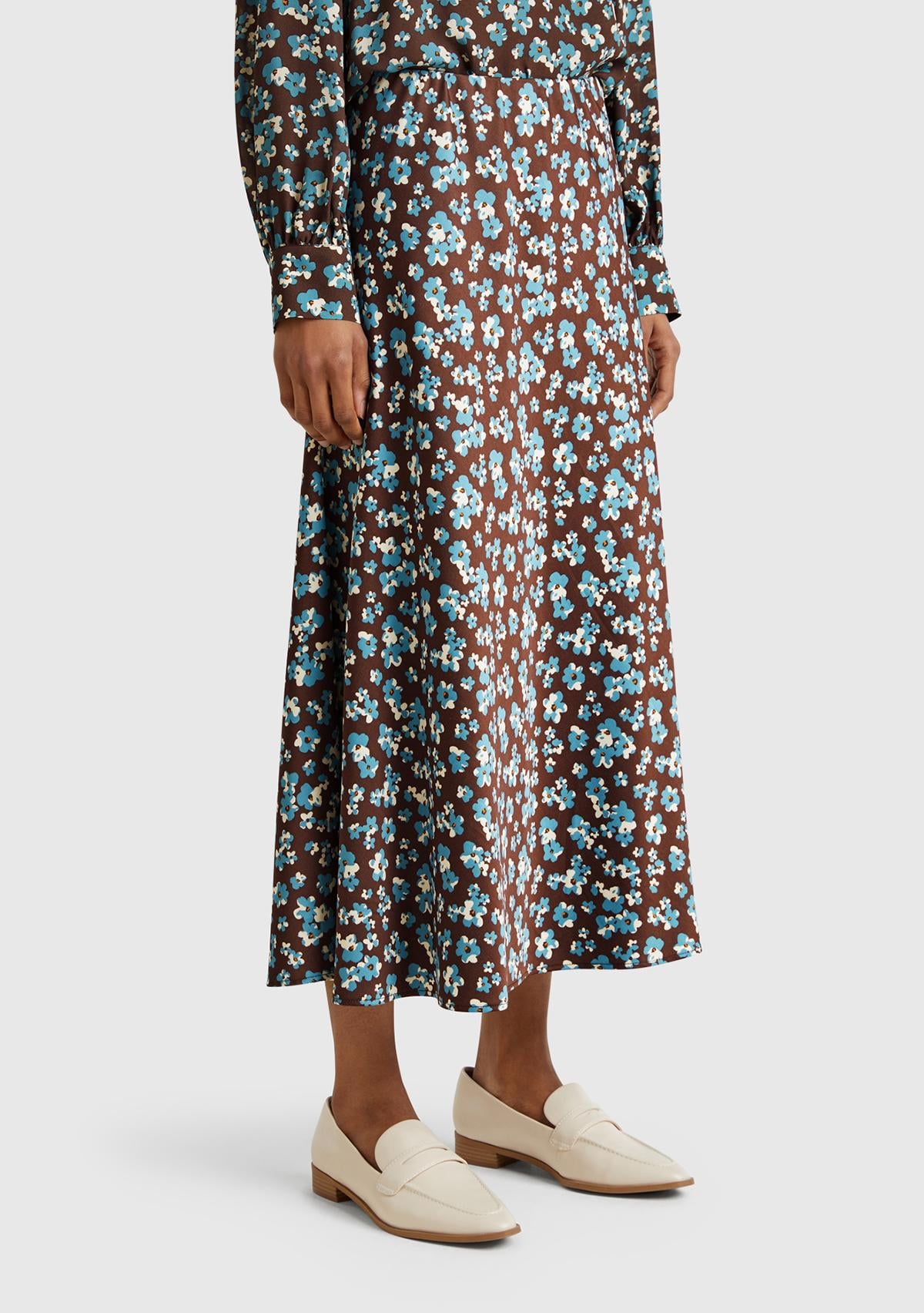  Kadın Kahverengi Viskoz Karışımlı Desenli Uzun Etek