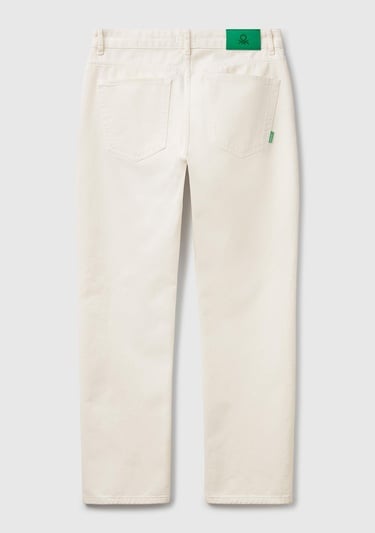  Erkek Beyaz %100 Pamuk Beli Logo Etiketli 5 Cepli Straight Fit Pantolon