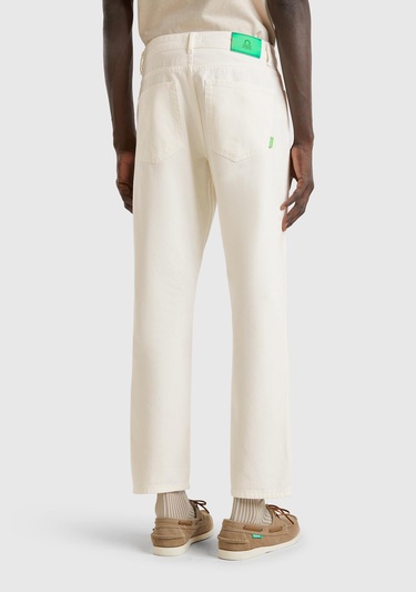  Erkek Beyaz %100 Pamuk Beli Logo Etiketli 5 Cepli Straight Fit Pantolon