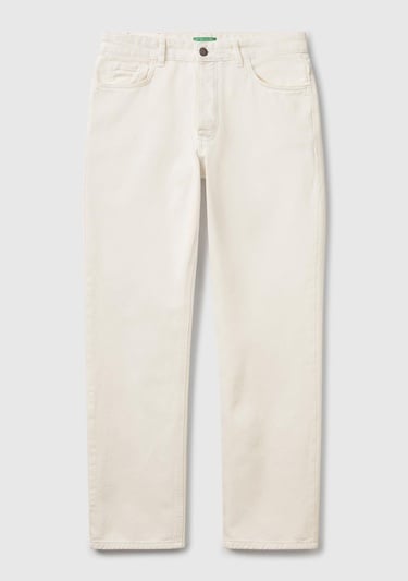  Erkek Beyaz %100 Pamuk Beli Logo Etiketli 5 Cepli Straight Fit Pantolon